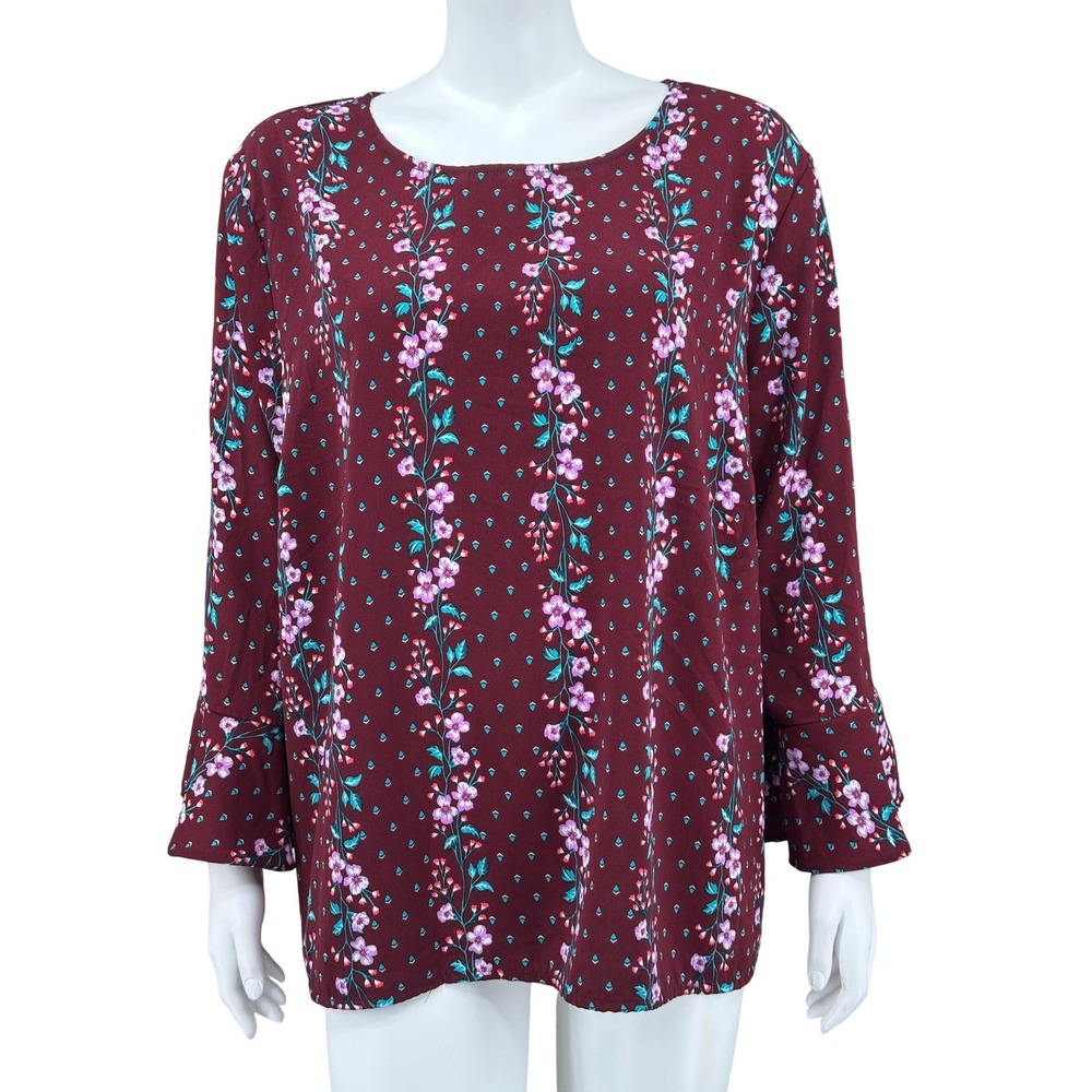 Old Navy Top Womens 2XL Burgundy Floral Long Bell Sleeve‎ Boho Peasant Romantic